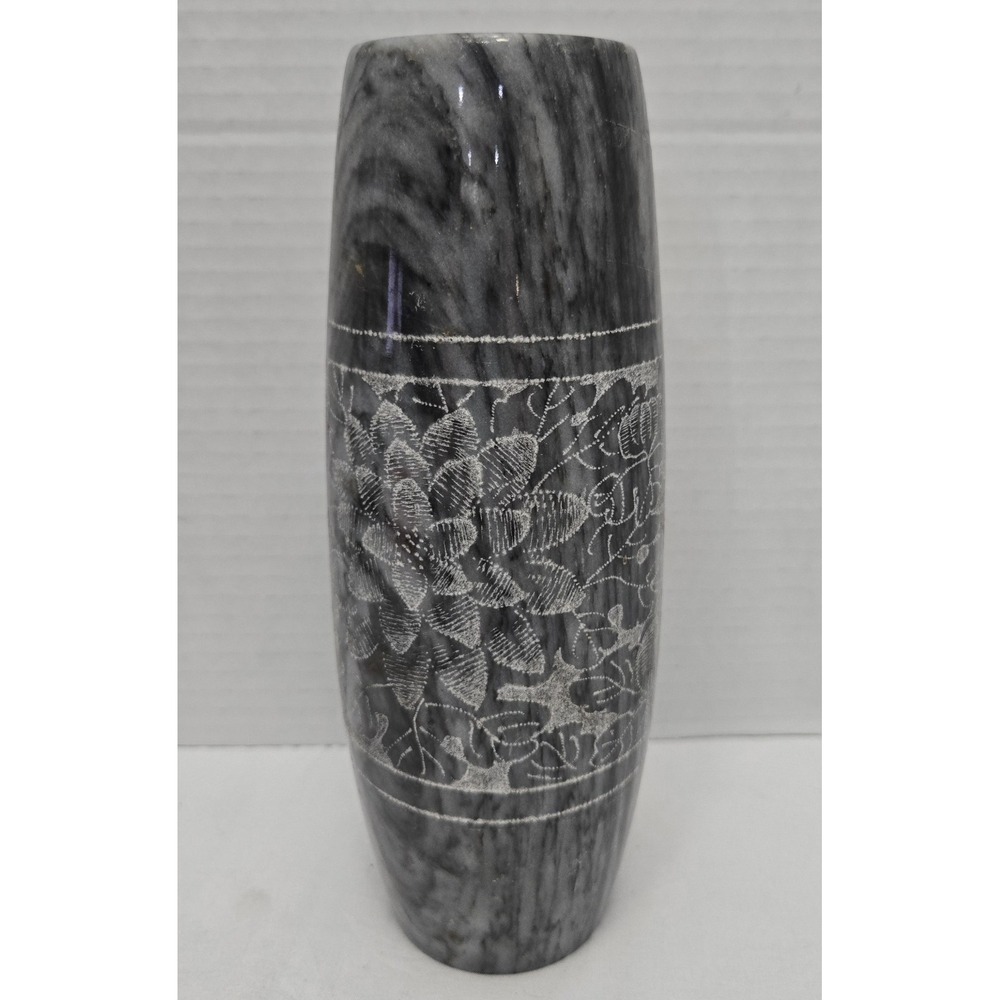 Vintage Etched Gray Marble Vase - Mid Century Hand - Carved Floral Stone Urn